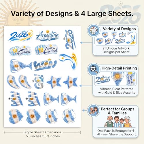 Argentina Flag Temporary Tattoos, 4 Sheets 84 Designs, Waterproof
