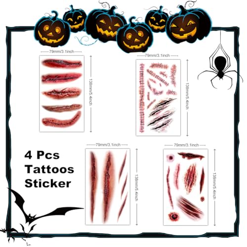 Halloween Body Face Scar Realistic Temporary Tattoos Sticker, Horror Realistic Fake Bloody Wound Stitch Scar Scab Waterproof Temporary Tattoo Sticker, Masquerade Prank Makeup Props