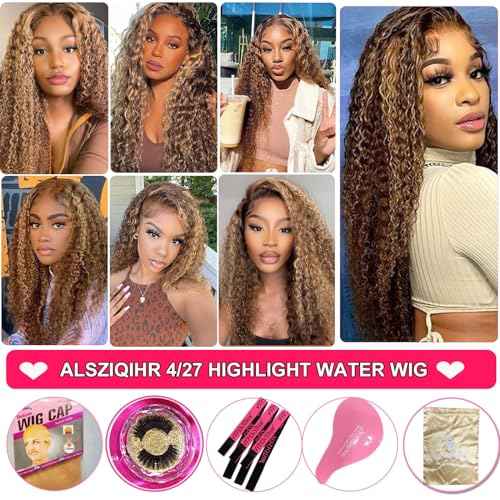 Highlight Ombre 13x4 Lace Front Wig Human Hair Pre Plucked HD Transparent 4/27 Honey Blonde lace frontal Wigs with Baby Hair 180% Density Colored Water Wave Lace Front wig for Women 26 inch