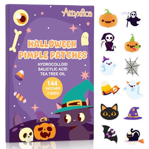 Halloween Acne Pimple Patches Cute - 144 Count Hydrocolloid Pimple Patches for Face, Spot Treatment Stickers w/Salicylic Acid & Tea Tree Oil for Zits and Blemishes, 2 Sizes & 12 Patterns