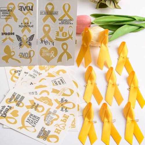 Gold Ribbon Awareness Pins & Tattoos Kit – 100pcs + 10 Sheets
