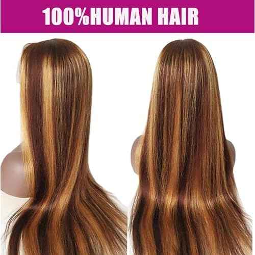 Human Hair Wig Highlight Honey Blonde 26inch 200% Density 13x4 Full Frontal HD Transparent Lace Pre Plucked Ombre Straight Lace Front Wig Human Hair Brown 4/27 Colored Lace Frontal 100 Natural Wigs