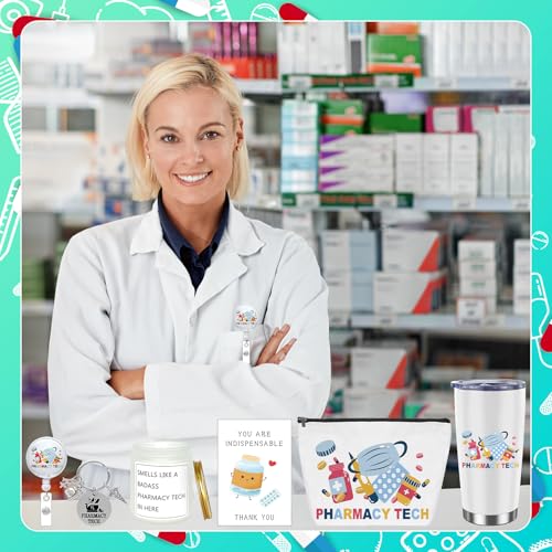 6Pcs Christmas Pharmacy Technician Appreciation Gifts Include Cup Portable Cosmetic Bag Badge Keychain Aromatherapy Thank You Card Pharmacy Technician Accessories for Doctors Nurses Week Gift Supplies