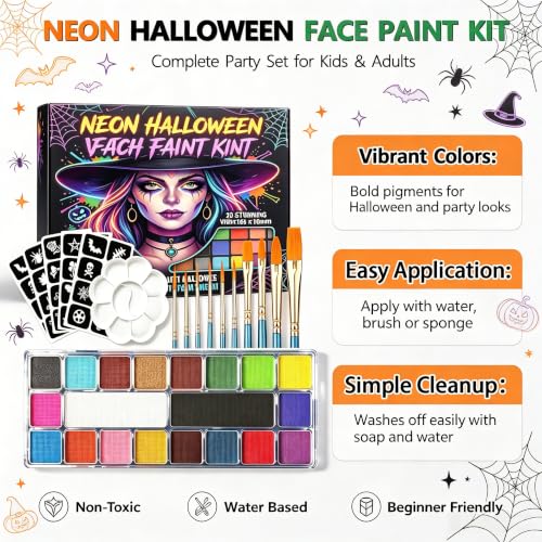 20-Color Water-Based Face Paint Kit with Brushes & Stencils