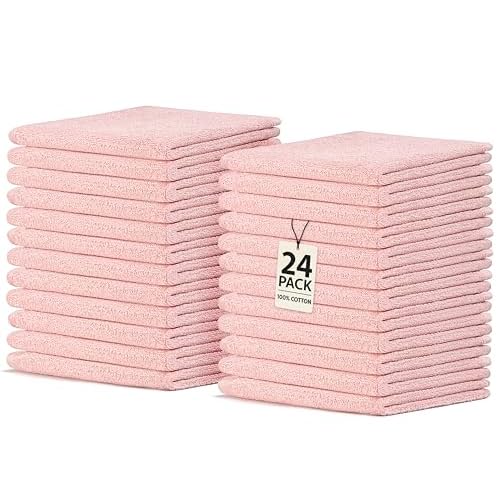 Crystal Ridge Cotton Wash Cloths 24 Pack - Washcloths for Showering, Face and Body, Soft and Highly Absorbent Multipurpose Towels for Bathroom, Kitchen, Spa and Gym - Wash Rags 12 x12 (Lt Pink)