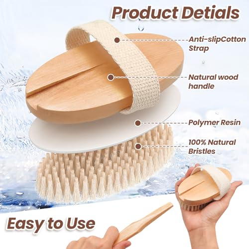 Wood Body Brush Set,19.3¡¯¡¯ Long Handle Bath Body Back Scrubber Soft & Stiff Bristles Detachable 2 Brush Heads Gentle Exfoliator Remove for Wet & Dry Use