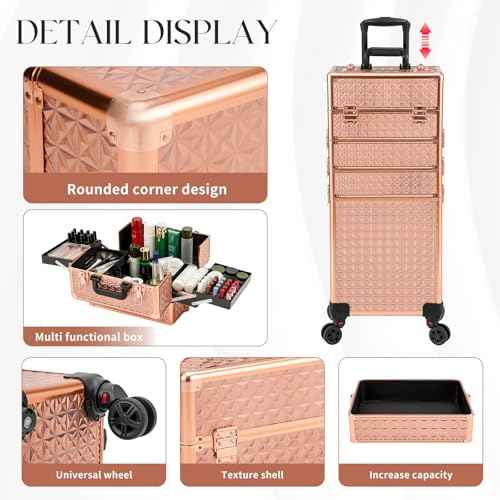 Leeora&Leekoo Portable Multi-Storey Nail Case for Nail Tech Organizer - Wheels Makeup Case Organizer, Cosmetic Case, Makeup Train Case, Make Up Case (rose gold)