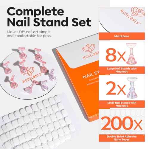 Modelones Nail Stand Set, Magnetic Nail Stands for Press ons False Nail Tips Practice Acrylic Holder with 200pcs Sticky Tabs Strong Metal Base Painting Display DIY & Salon Use Beginner Supplies