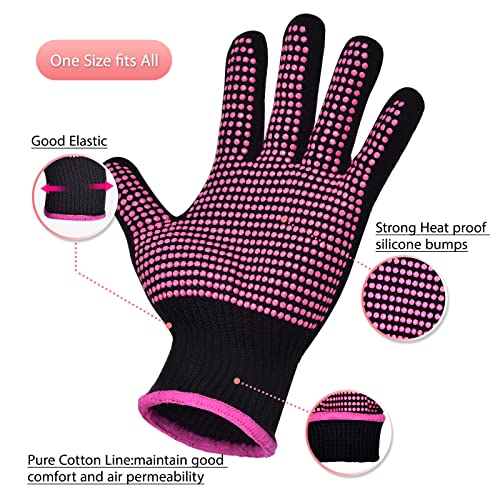 MORGLES Heat Gloves for Hair Styling, 2Pcs Professional Heat Resistant Gloves Silicone Heat Mat 6pcs Hair Clips and 2pcs Styling Comb for Curling Iron Wands Flat Iron