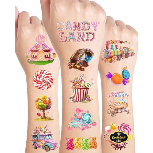 ANTING 244 Pieces Cute Candyland Temporary Tattoos Stickers,20 Sheets Candy Land Lollipop Donut Themed Tattoos Stickers Party Decoration favors for Kids Girl Boys Birthday Baby Shower Sweet Shop