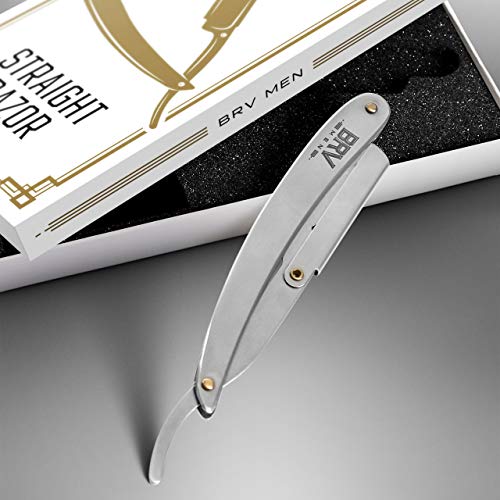 BRV MEN Professional Straight Edge Barber Razor w/ 100 Single Edge Razor Blades | Straight Razors for Men | Barbershop Accessories | Mens Shaving Knife & Shavette - Silver