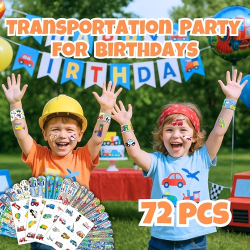 Transportation Party Favors Bundle - 72 Pc Set with Tattoos & Slap Bracelets