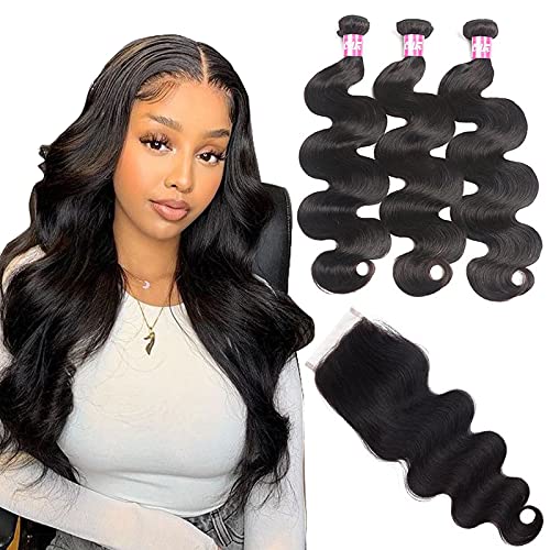 Odir Body Wave Human Hair Bundles with Closure 14 16 18+12 Inch Unprocessed 10A Brazilian Body Wave Virgin 3 Bundles with 4x4 Lace Clsoure Natural Color