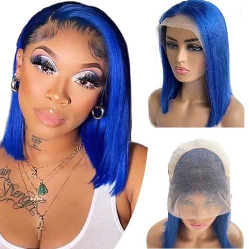 16 Inch Blue Bob Wig Human Hair 13x4 HD Lace Front Wigs Human Hair Pre Plucked with Baby Hair Glueless Bob Wig Human Hair 180% Density