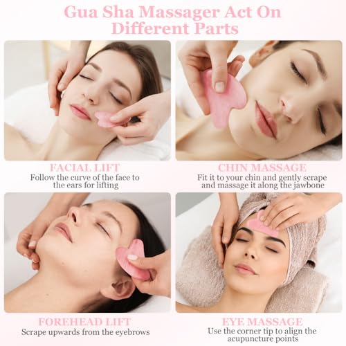 URAQT Gua Sha Facial Tools Rose Quartz Guasha Tools for Face & Eye Gua Sha Stone Skin Care Body Tighten Skin Massage Tools for Puffiness Reducing & Jawline Sculpting Face Stone Gua Sha Tools (Pink)