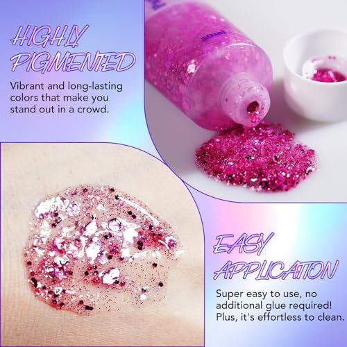 MAEPEOR Face Body Glitter Gel 14 Colors Mermaid Sequins Body Glitter Gel Chunky Holographic Glitter Liquid Body Makeup for Face Body Hair Nails (50ml, F04 Hot Pink)