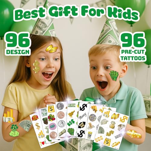 96 PCS Fun Money Temporary Tattoos for Kids - Party Favors