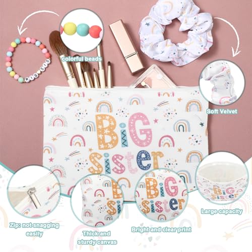 Sieral 4 Pcs Big Sister Gifts for Girls Cute Big Sister Makeup Bag 14oz Stainless Steel Tumbler Scrunchies Bracelet for Little Girls of Age 2-8 New Baby Birthday Baby Shower (Rainbow, Multicolor)