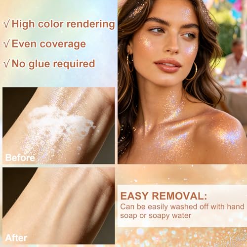 Meilury 2PCS Champagne Roll-On Body Glitter Gel - Holographic Chameleon Sequins for Face, Hair & Body