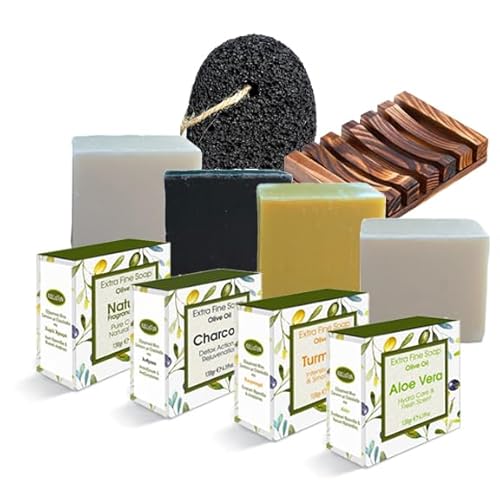 Kalliston, Charcoal, Turmeric, Aloe Vera and Natural Olive Oil Soap Collection, Natural Ingredients, Spa Soap Bars, Includes Bamboo Dish and Pumice Stone, Product of Greece, 4.5oz Each, Pack of 6