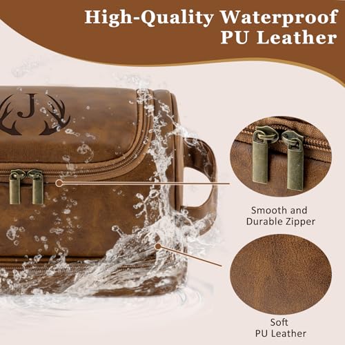 Personalized Gifts Travel Toiletry Bag for Men, Engraved Initial PU Leather Waterproof Shaving Bag, Groomsmen Present Christmas Birthday Gifts for Men Dad Husband Son Boyfriend (Light Brown P)