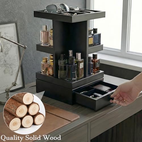 4-Tier Rotating Cologne Organizer with Drawer for Men, Large Capacity Perfume Organizer, Mens Gifts & Desktop Accessories Stand - Spacious for Bottles & Men's Essentials Storage, Modern Black