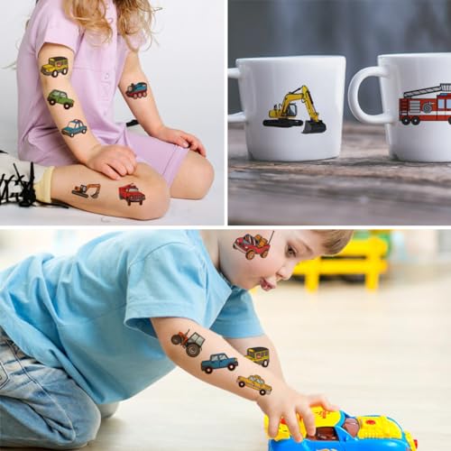 Car and Truck Temporary Tattoos for Kids Party Supplies - 74 Individually Sheets Car Construction Tractor Tattoos for Boys Birthday Party Favors Goodie Bag Fillers