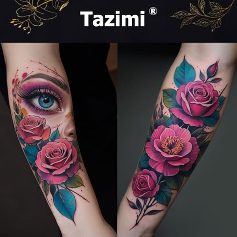 Tazimi Realistic Watercolor Flower Temporary Tattoos Half Arm Lion Flower Fake Tattoos for Women Girls Adults Waterproof Long Lasting Colourful Sexy Tattoos Stickers
