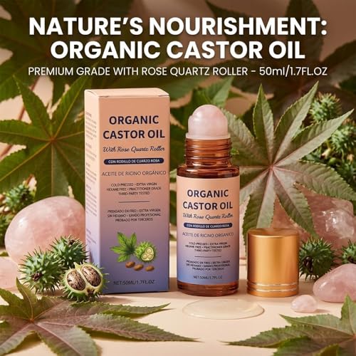 Organic Castor Oil Roll-On with Rose Quartz for Face & Body Moisturizer
