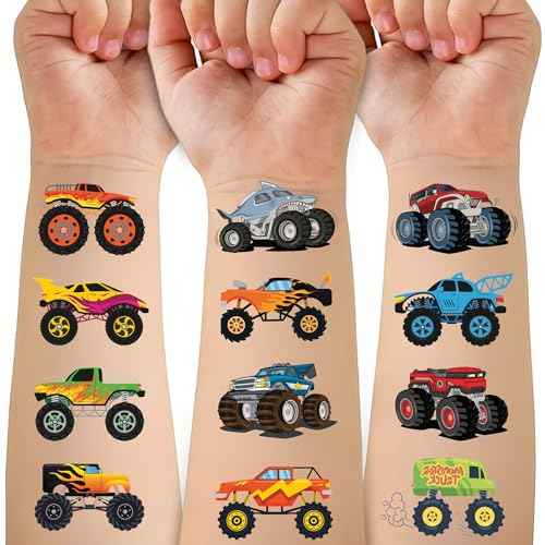 50 PCS Monster Trucks Temporary Tattoos for Kids, Monster Truck Fake Tattoos for Birthday Party Supplies Racing Car Checkered Flag Trophy Flame Tattoo Stickers for Kids Boys Girls Party Bag Filler
