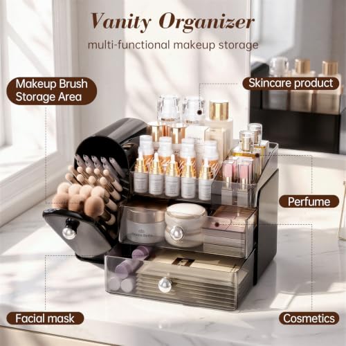 Delamu Makeup Organizer with Brush Holder & Drawers