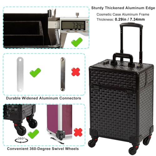 AROUS Rolling Makeup Case with 4 Trays, Black Cosmetology Trolley