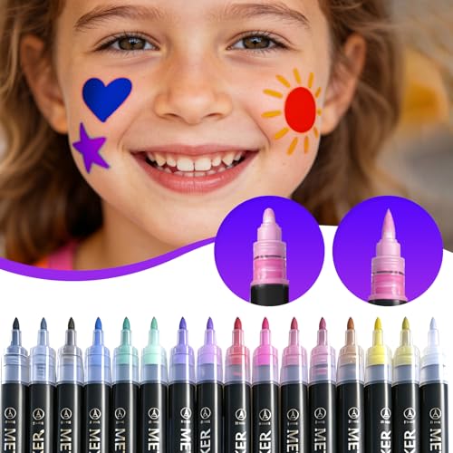Temporary Tattoo Markers with Stencils - 16 Dual-End Pens + 12 Reusable