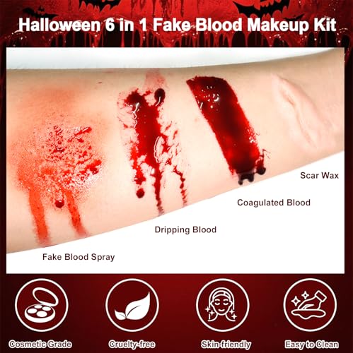 Yosca 6Pc Halloween Fake Blood Makeup Kit - Spray, Dripping, Scar Wax