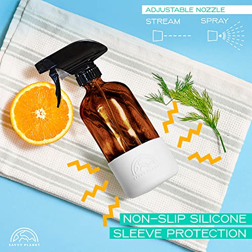 SAVVY PLANET Empty Amber Glass Spray Bottles with Silicone Sleeve Protection - Refillable 16 oz Containers for Cleaning Products, Essential Oils, Misting Plants - Quality Sprayer - 2 Pack