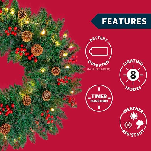 Joiedomi 9Ft Artificial Christmas Garland Prelit with 100 LED Lights, 27 Pine Cones, 27 Red Berries for Home & Office Christmas Decorations (Battery Powered, Batteries not Included)