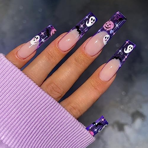 Halloween Press on Nails Long Square Fake Nails Full Cover Glue on Nails Exquisite Designs False Halloween Nails Extra Long Stick on Nails Halloween Artificial Acrylic Nails for Women and Girls 24Pcs