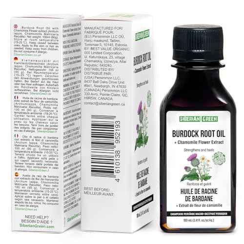 Siberian Green Burdock Oil with Chamomile Extract ? 100ml Burdock Root Oil for Hair Growth, Hair Thinning and Loss ? Pure and Natural Siberian Herbs ? Strengthening and Healing Hair Care