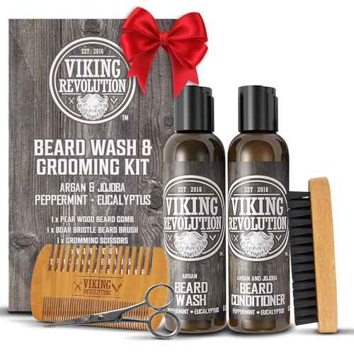 Viking Revolution Beard Brush and Comb Set with Peppermint Eucalyptus Beard Wash and Conditioner (5 Oz each) - Grooming Kit for Men with Argan and Jojoba Oils - Gifts for Men