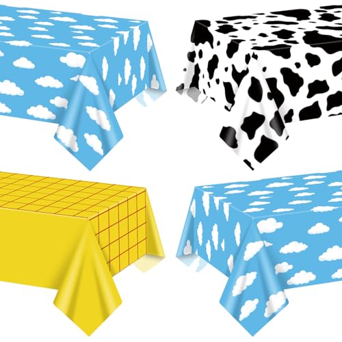 QUERICKY 4 Pack Colorful Cow & Check Pattern Plastic Tablecloths for Kids Birthday & Baby Shower, 87x51 inch, Blue, Yellow, Black