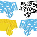 QUERICKY 4 Pack Colorful Cow & Check Pattern Plastic Tablecloths for Kids Birthday & Baby Shower, 87x51 inch, Blue, Yellow, Black