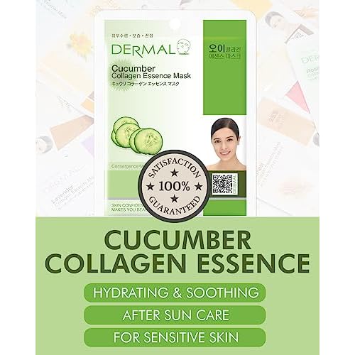 DERMAL Cucumber Collagen Essence Facial Mask Sheet 23g Pack of 100 - Soothing & Moisturizing, Redness & Sunburn Relief, Daily Skin Treatment Solution Sheet Mask