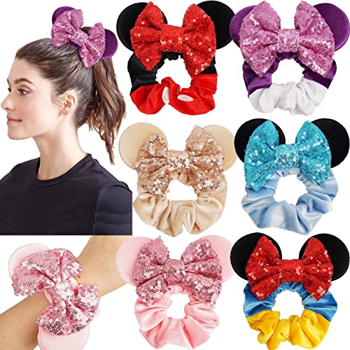 6 Pack Mouse Ear Sequin Scrunchies with Velvet Bows