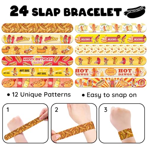 96 PCS Hot Dog Party Favors Set ? 72 Pre-Cut Temporary Tattoos & 24 Slap Bracelets for Kids, Perfect for Food-Themed Birthday Parties, BBQ Celebrations & Classroom Rewards