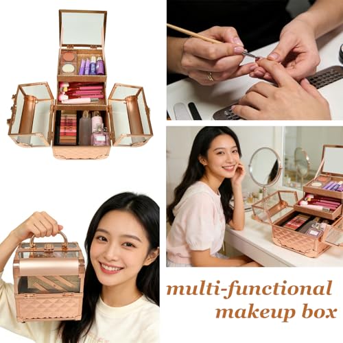 VETALLO Travel Makeup Case Organizer, Protable Cosmetic Case Storage with 2 Trays Mirror,Makeup Train Case Organizer,Make Up Box,Makeup Train Case for Nail Jewellery Vanity Storage Case