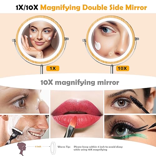 8" Lighted Makeup Mirror with Bamboo Stand, 1X/10X Double Sided Magnifying Vanity Mirror with Lights, 3 Colors Dimmable Lightning, Gifts for Women Mom Teen Girls