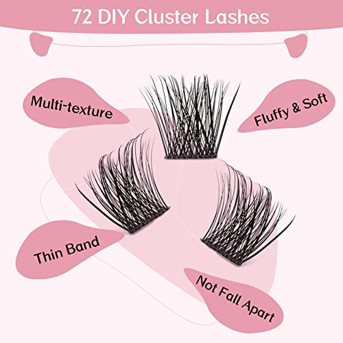 Lash Clusters, 72 Pcs Colored Individual Cluster Lashes DIY Lash Extension 18mm Eyelash Clusters Volume Wispy Lashes Super Thin Band Reusable Soft & Comfortable(Natural-D-18mm)