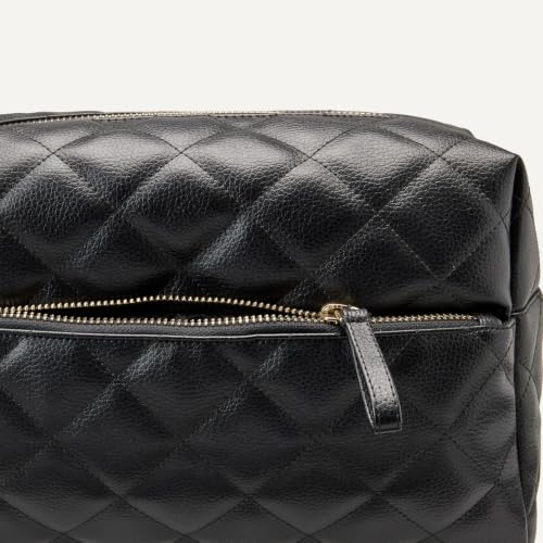 Amazon Essentials Quilted Travel Makeup Bag with Mesh Compartments, Black Faux Leather