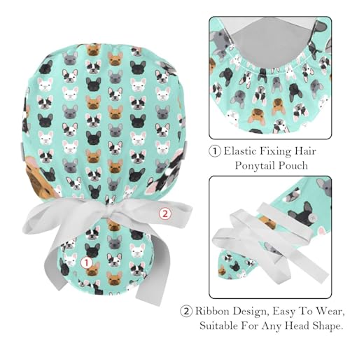 2 Pack Scrub Caps Surgical Hat for Women, Cartoon Dogs Nurse Hat Unisex Tie Back Hat, Long Hair