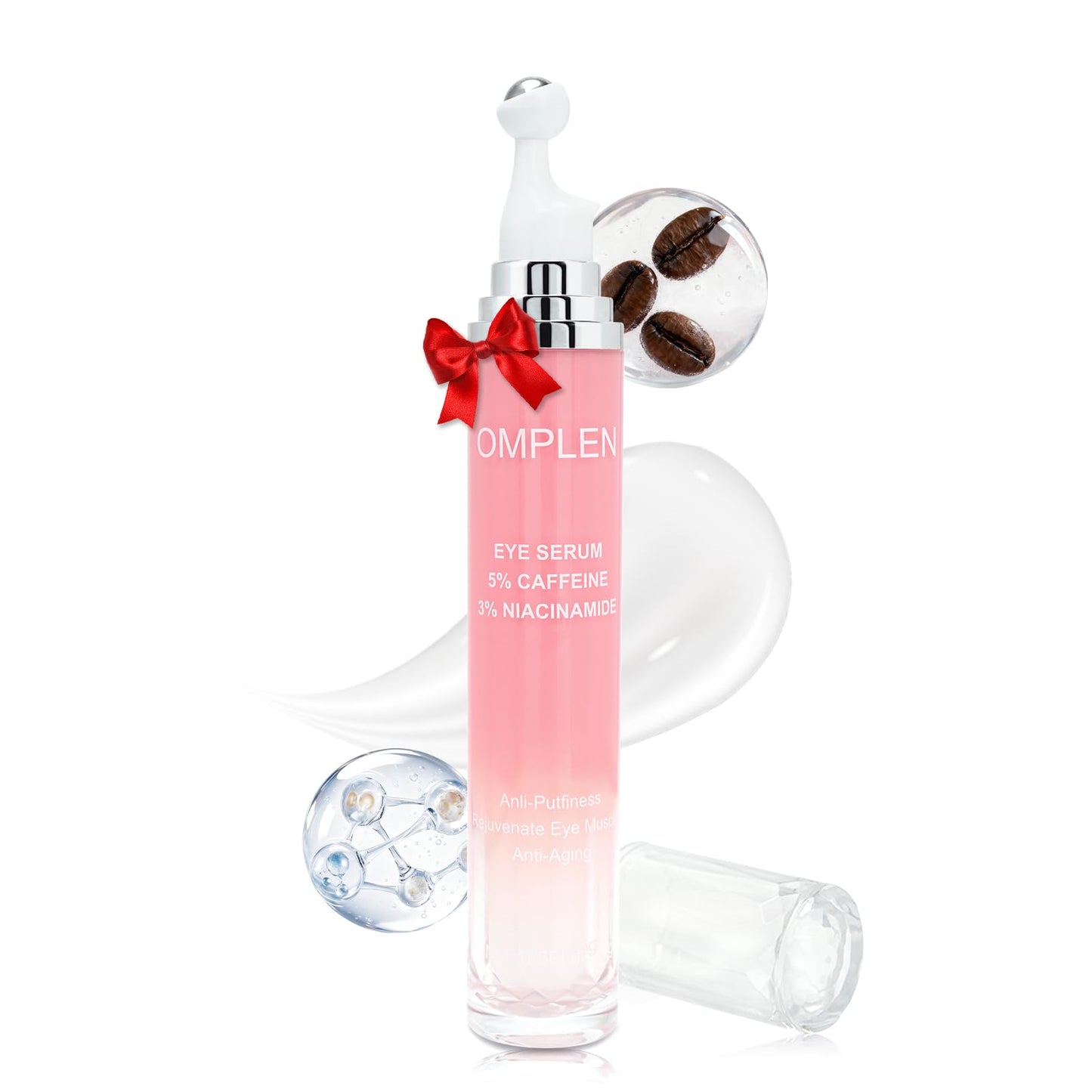 OMPLEN 5% Caffeine Eye Serum Treatment,Hyaluronic Acid & Niacinamide, Under Eye Cream for Dark Circles, Anti Aging 360° Massage Rollerball - Reduce Puffiness, Wrinkles & Fine Lines, 0.5 fl. oz